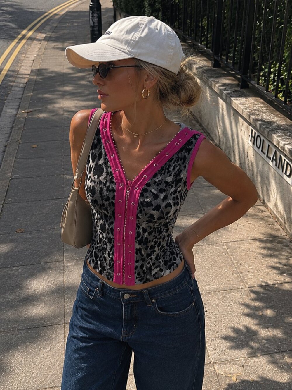 Vintage Animal Print Zip Up Vest Pink Rhinestone Hooded Womens XL Y2K Euro 200s